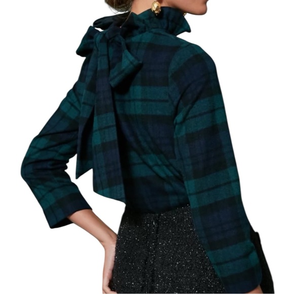Tuckernuck Blackwatch Plaid Faye Blouse XL Bow Tie Ruffle Collar Wool Blend - Picture 10 of 13